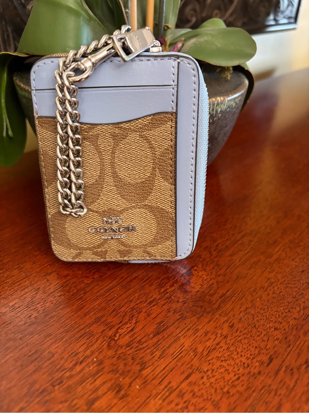 Coach Zip Card Case In Signature Canvas and Pale Blue Leather